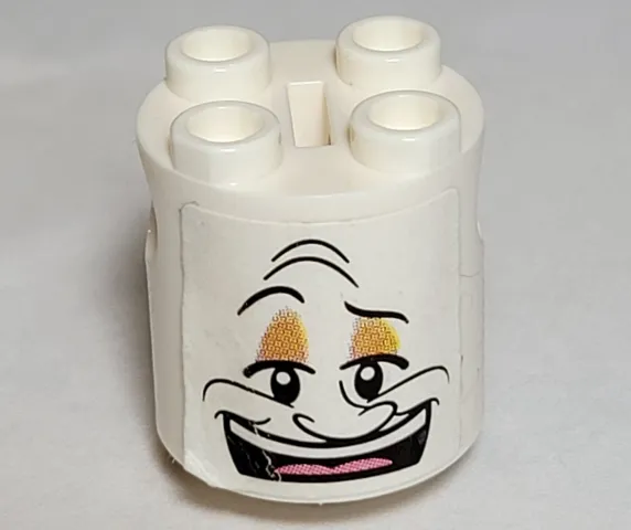 Brick, Round 2 x 2 x 2 Robot Body with Bottom Axle Holder (x Shape / + Orientation) with Open Mouth Smile Lumière {Lumiere} Face Pattern (Sticker) - Set TRULUMIERE