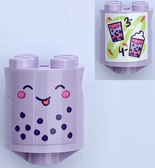 Brick, Round 2 x 2 x 2 Robot Body with Bottom Axle Holder (x Shape / + Orientation) with Face with Closed Eyes, Red Tongue, Dark Pink Cheeks and Dark Purple Spots / Bubble Tea, '3-' and '4-' Pattern on Both Sides (Stickers) - Set 41733