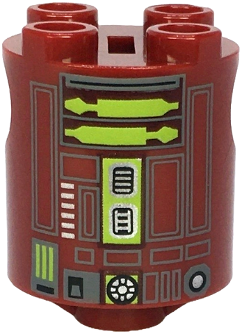 Brick, Round 2 x 2 x 2 Robot Body with Bottom Axle Holder (x Shape / + Orientation) with SW Astromech Droid Dark Bluish Gray Rectangles and Lime Utility Arms Pattern