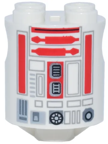 Brick, Round 2 x 2 x 2 Robot Body with Bottom Axle Holder (x Shape / + Orientation) with Light Bluish Gray Lines, Silver Rectangles and Ports and Red Droid Details Pattern (R3-T6)