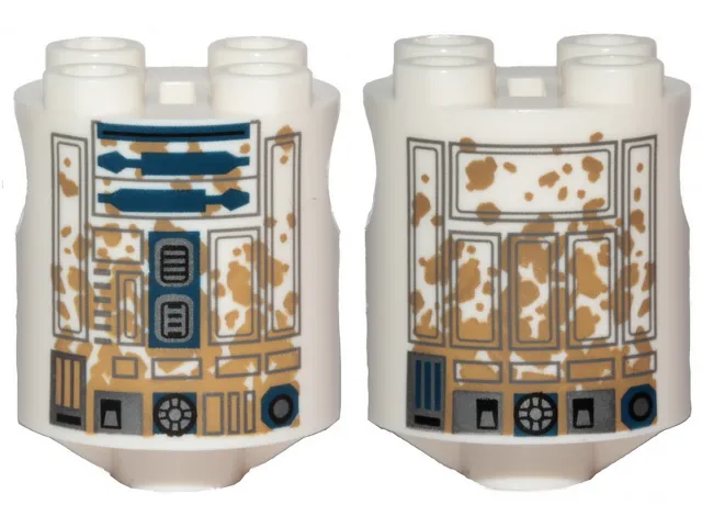 Brick, Round 2 x 2 x 2 Robot Body with Dark Bluish Gray and Dark Blue Lines and Droid Details, Dark Tan Dirt Stains Pattern Type 1 on Both Sides (SW R2-D2)