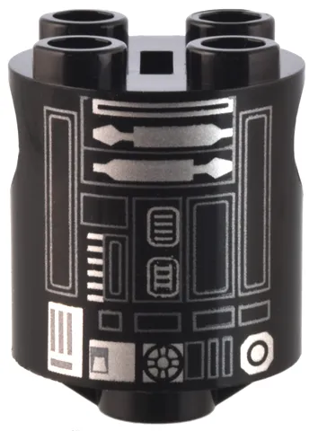 Brick, Round 2 x 2 x 2 Robot Body with Silver and Dark Bluish Gray Lines, Rectangles, and Droid Details Pattern (R2-E6)