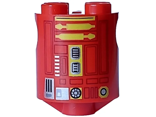 Brick, Round 2 x 2 x 2 Robot Body with Dark Bluish Gray Lines, Rectangles and Black, Silver and Yellow Droid Details Pattern (L3-GO)