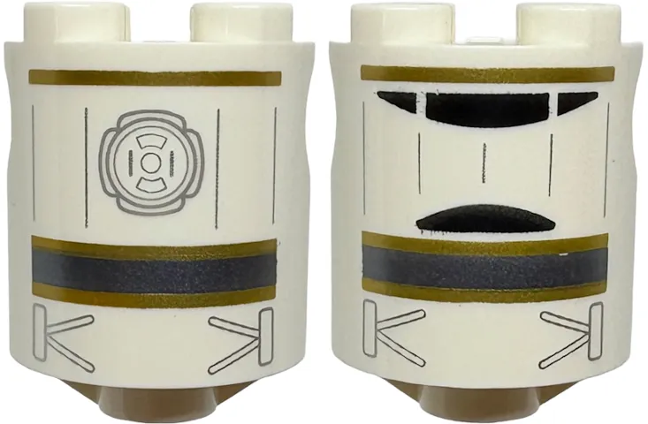 Brick, Round 2 x 2 x 2 Robot Body with Gold and Dark Silver Stripes, Black Semicircles, Silver Lines and Emblem Pattern
