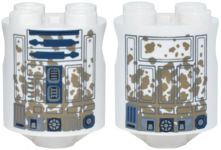 Brick, Round 2 x 2 x 2 Robot Body with Dark Bluish Gray and Dark Blue Lines and Droid Details, Dark Tan Dirt Stains Pattern Type 2 on Both Sides (SW R2-D2)