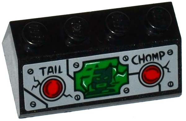 Slope 45 2 x 4 with 2 Red Buttons, 'TAIL', 'CHOMP' and Batman Head on Green Screen Pattern (Sticker) - Set 76055