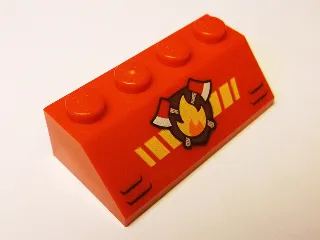 Slope 45 2 x 4 with Fire Logo with Yellow Diagonal Stripes and Black Vents Pattern