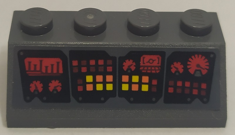 Slope 45 2 x 4 with Black Control Panel with Red, Orange and Yellow Buttons and Lights, Head-Up Display (HUD) and Gauges Pattern (Sticker) - Set 76087