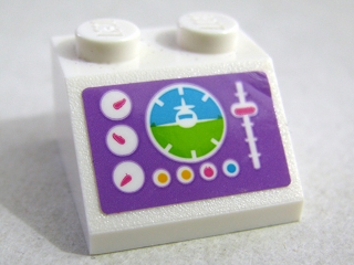 Slope 45 2 x 2 with Airplane Medium Azure and Lime Horizon Indicator, White Gauges, Slider, Bright Light Orange and Dark Pink Buttons on Medium Lavender Background Pattern (Sticker) - Set 41109