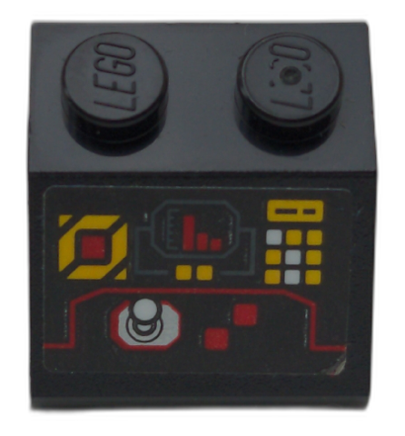 Slope 45 2 x 2 with Control Panel with Red, White and Yellow Buttons, Red Bar Chart and Silver Joystick Pattern (Sticker) - Set 70923