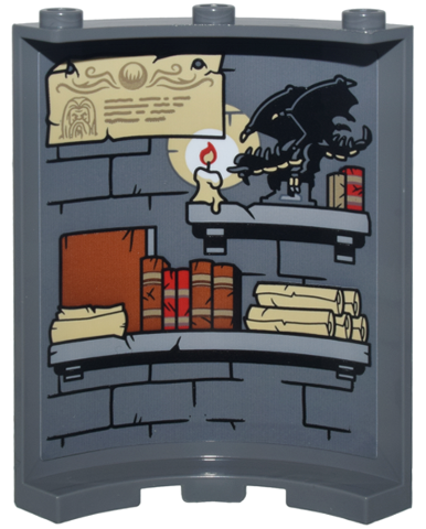 Cylinder Quarter 4 x 4 x 6 with Brick Wall with Black Mortar, Light Bluish Gray Bookshelves, Scrolls, Books, Candle, Parchment and Black Dragon Pattern (Sticker) - Set 10333