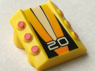 Brick, Modified 2 x 2 No Studs, Sloped with 6 Side Pistons Raised with White '20' on Black and Orange Stripes Pattern