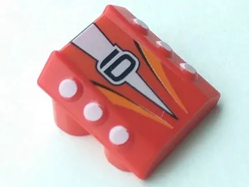 Brick, Modified 2 x 2 No Studs, Sloped with 6 Side Pistons Raised with Black Stylized Number 6 on White Triangle, Orange Curved Stripes Pattern