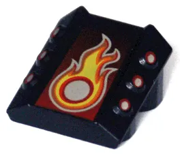 Brick, Modified 2 x 2 No Studs, Sloped with 6 Side Pistons Raised with Silver, Red, and Yellow Flame Pattern