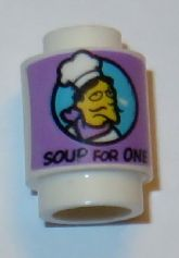 Brick, Round 1 x 1 with The Simpsons Chef in Medium Azure Circle and Black 'SOUP FOR ONE' on Medium Lavender Background Pattern