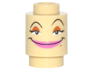 Brick, Round 1 x 1 with Black Eyebrows, Eyes with Eyelashes, Dark Orange Eye Shadow, Dark Pink Lips, Beauty Mark, Wide Grin Pattern (Disney Fifi / Babette Face)