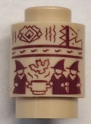 Brick, Round 1 x 1 with 3 Dark Red Witches, Kettle and Bat Pattern