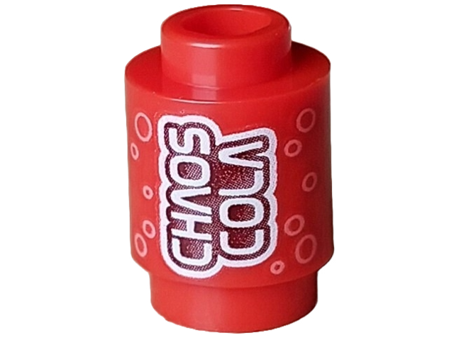 Brick, Round 1 x 1 with Stylized White 'CHAOS COLA' on Dark Red Background and Coral Circles Pattern