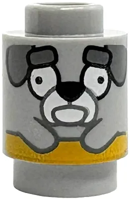 Brick, Round 1 x 1 with Dark Bluish Gray Floppy Ears and Eyebrows, White Muzzle and Eyes, Black Nose and Yellow Stripe Pattern (Jeremy)