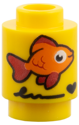 Brick, Round 1 x 1 with Orange and Red Fish, Black Scribble and Heart Pattern