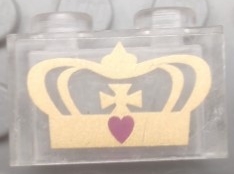 Brick 1 x 2 without Bottom Tube with Gold Crown and Dark Pink Heart Pattern (Sticker) - Set 7578