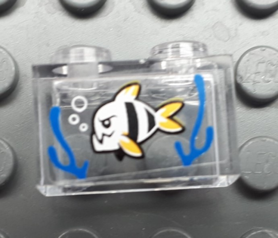 Brick 1 x 2 without Bottom Tube with Fish and Blue Seagrass Pattern (Sticker) - Set 60174