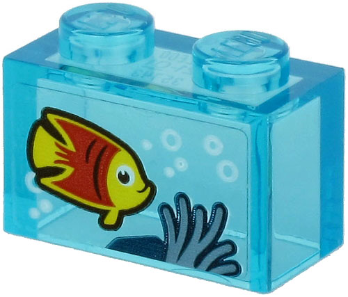 Brick 1 x 2 without Bottom Tube with Yellow and Red Fish and Sand Blue Seagrass on Transparent Background Pattern (Sticker) - Set 60266