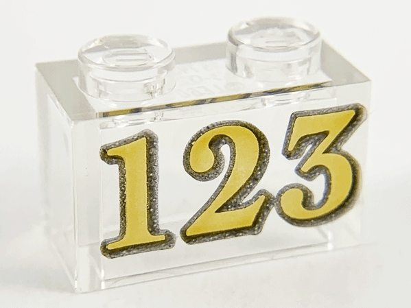 Brick 1 x 2 without Bottom Tube with Gold '123' Pattern