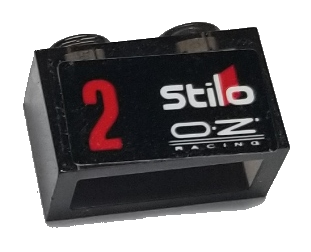 Brick 1 x 2 without Bottom Tube with White 'Stilo', 'OZ RACING' and Red Number 2 Pattern Model Left Side (Sticker) - Set 75885
