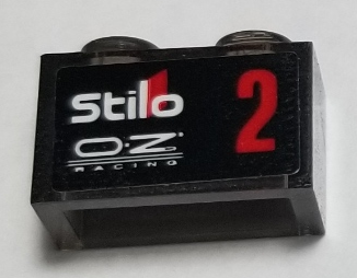 Brick 1 x 2 without Bottom Tube with White 'Stilo', 'OZ RACING' and Red Number 2 Pattern Model Right Side (Sticker) - Set 75885