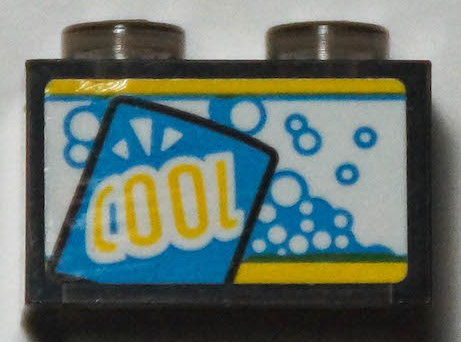 Brick 1 x 2 without Bottom Tube with Dark Azure Bubbles and Yellow 'COOL' Pattern (Sticker) - Set 70422