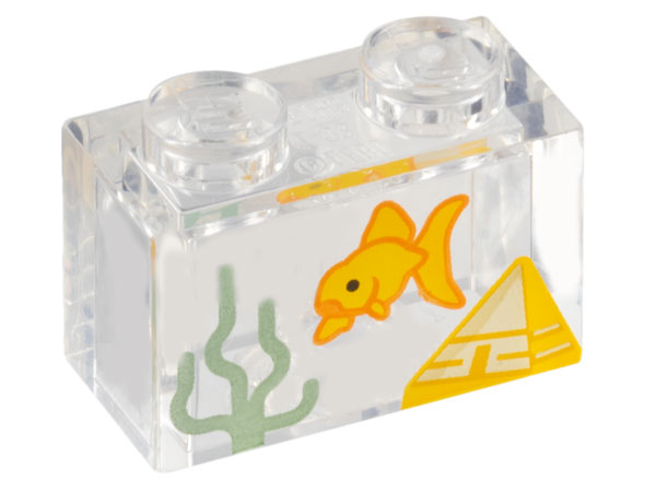 Brick 1 x 2 without Bottom Tube with Fish Tank with Goldfish, Sand Green Seaweed and Yellow Pyramid Pattern