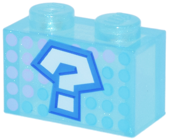 Brick 1 x 2 without Bottom Tube with White Question Mark with Dark Azure and Blue Outline, Dark Pink and Medium Azure Dots Pattern (Super Mario Item Box)