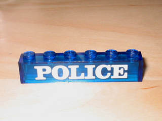 Brick 1 x 6 without Bottom Tubes with White 'POLICE' Serif Pattern
