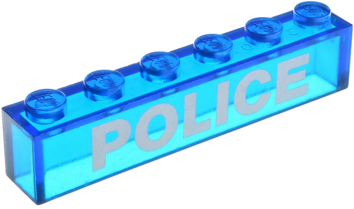 Brick 1 x 6 without Bottom Tubes with White 'POLICE' Sans-Serif Bold Pattern