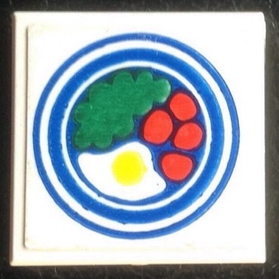 Tile 2 x 2 without Groove with Blue Circle Plate, Fried Egg, 4 Red Spots Pattern 1 (Sticker) - Set 269