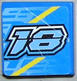 Tile 2 x 2 with Medium Blue '18' and Yellow Lines Pattern (Sticker) - Set 8370