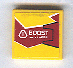Tile 2 x 2 with 'BOOST - VOLATILE' on Dark Red and Yellow Background with Black Outline on Right Pattern (Sticker) - Set 8113