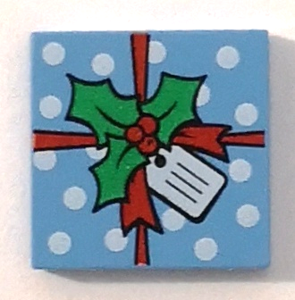 Tile 2 x 2 with Green Holly Leaves, Red Ribbon, and White Gift Tag and Polka Dots Pattern