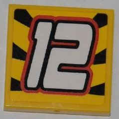 Tile 2 x 2 with White '12' on Striped Black and Yellow Background Pattern (Sticker) - Set 8228