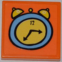 Tile 2 x 2 with Medium Blue and Yellow Alarm Clock Pattern (Sticker) - Set 3818