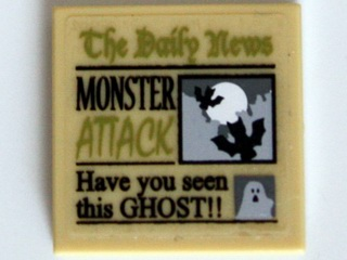 Tile 2 x 2 with Newspaper 'The Daily News', 'MONSTER ATTACK' and 'Have you seen this GHOST!!'  Pattern (Sticker) - Set 10228