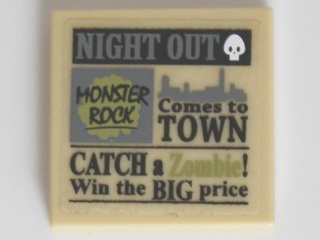 Tile 2 x 2 with Newspaper 'NIGHT OUT', 'MONSTER ROCK', 'Comes to TOWN' and 'CATCH a Zombie! Win the BIG price' Pattern (Sticker) - Set 10228
