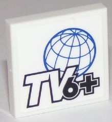 Tile 2 x 2 with Black and White 'TV6+' and Blue Globe on White Background Pattern (Sticker) - Set 60111