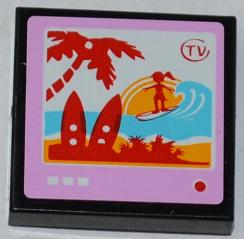 Tile 2 x 2 with 'TV' and Surfer and Palm Tree on Screen Pattern (Sticker) - Set 3184