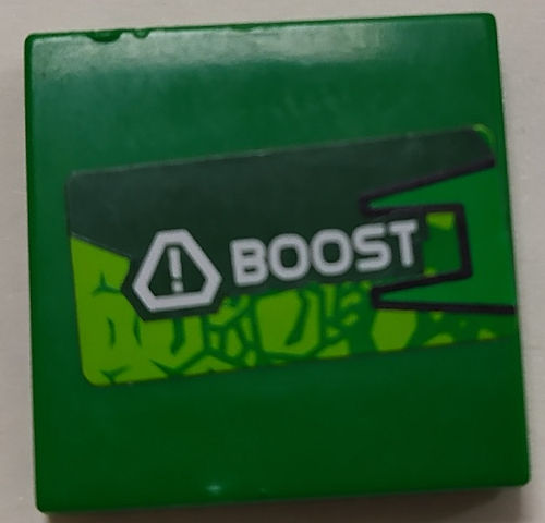 Tile 2 x 2 with Lime Scales and White Exclamation Mark in Triangle and 'BOOST' Pattern Model Right Side (Sticker) - Set 8114