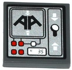 Tile 2 x 2 with Black 'AA', Red and White Buttons, 'K 35', Lever and White Arrows on Silver Background Pattern (Sticker) - Set 70725