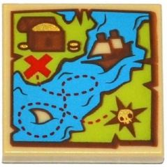 Tile 2 x 2 with Map Blue Water, Lime Land, Sailing Ship, Treasure Chest and Red 'X' Pattern