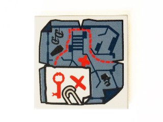 Tile 2 x 2 with Map Tattered with Paper Clip and Red Key and 'X' Pattern