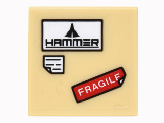 Tile 2 x 2 with 'HAMMER' Logo, Red 'FRAGILE' and White Note with Bent Corner Pattern (Sticker) - Set 76051